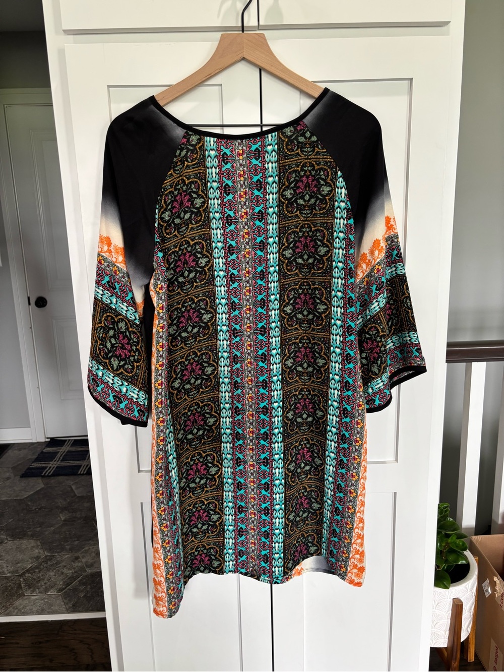 Uncle Frank Boho Printed Tunic Dress in Black, Turquoise & Orange - Picture 2 of 4